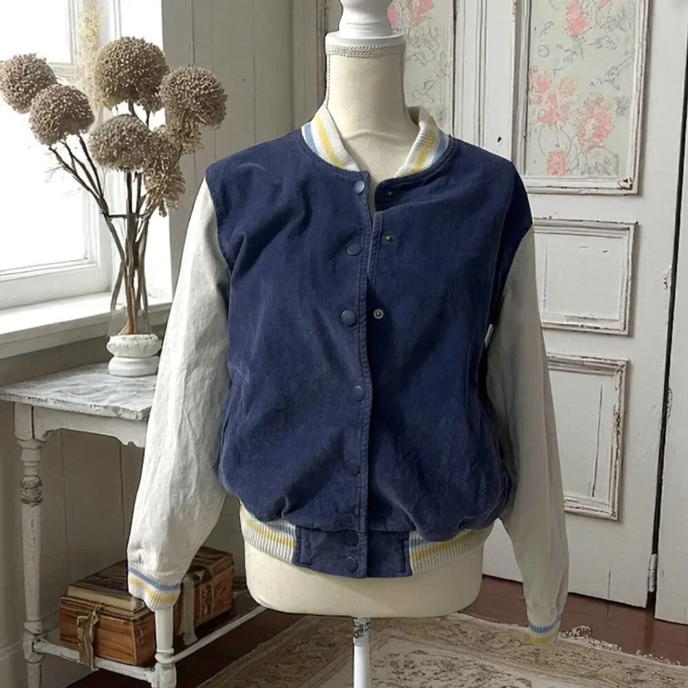 Aerie Preppy Blue Corduroy Snap Front Academia Varsity Jacket Size Small - Picture 1 of 10